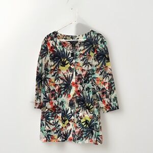 Ali Miles Textured Knit Top Womens XL Tropical Floral Button Front 3/4 Sleeve